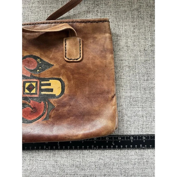 Vtg Brown Leather Shoulder Bag Boho Native American Polychrome Geometric Figure - Picture 9 of 11